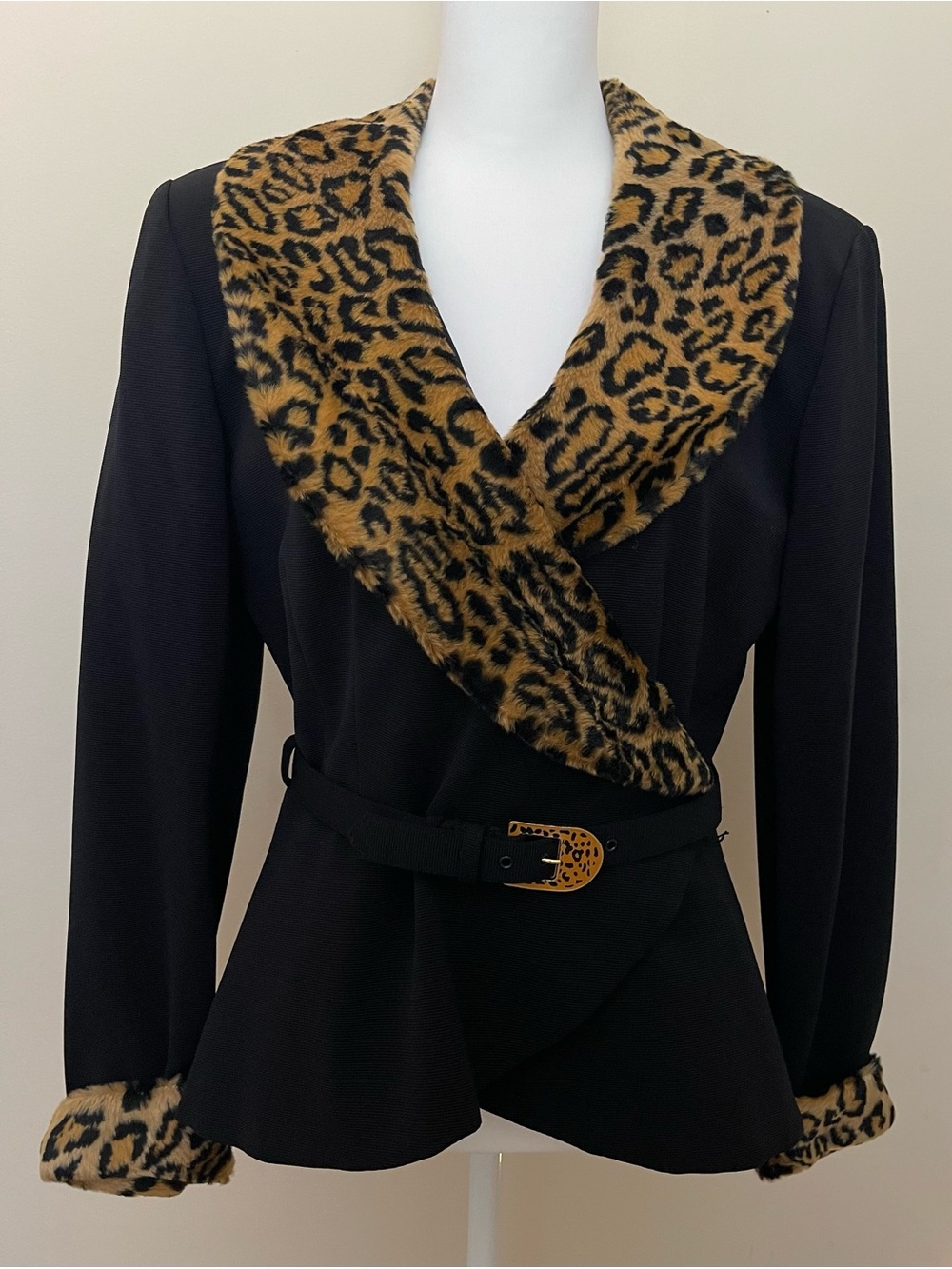 Vtg Lillie Rubin Black Skirt Suit w/Leopard Faux Fur Trim on Collar & Cuffs, M